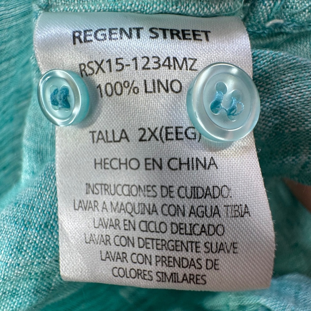Regent Street Button Up Shirt Mens 2X Teal 100% Linen Band Collar Coastal beach - Picture 3 of 11